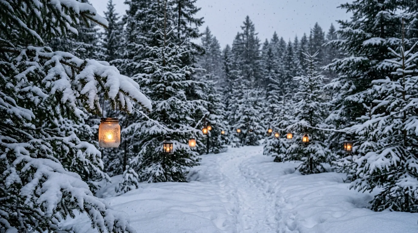 Winter Landscape With Evergreens and Lanterns